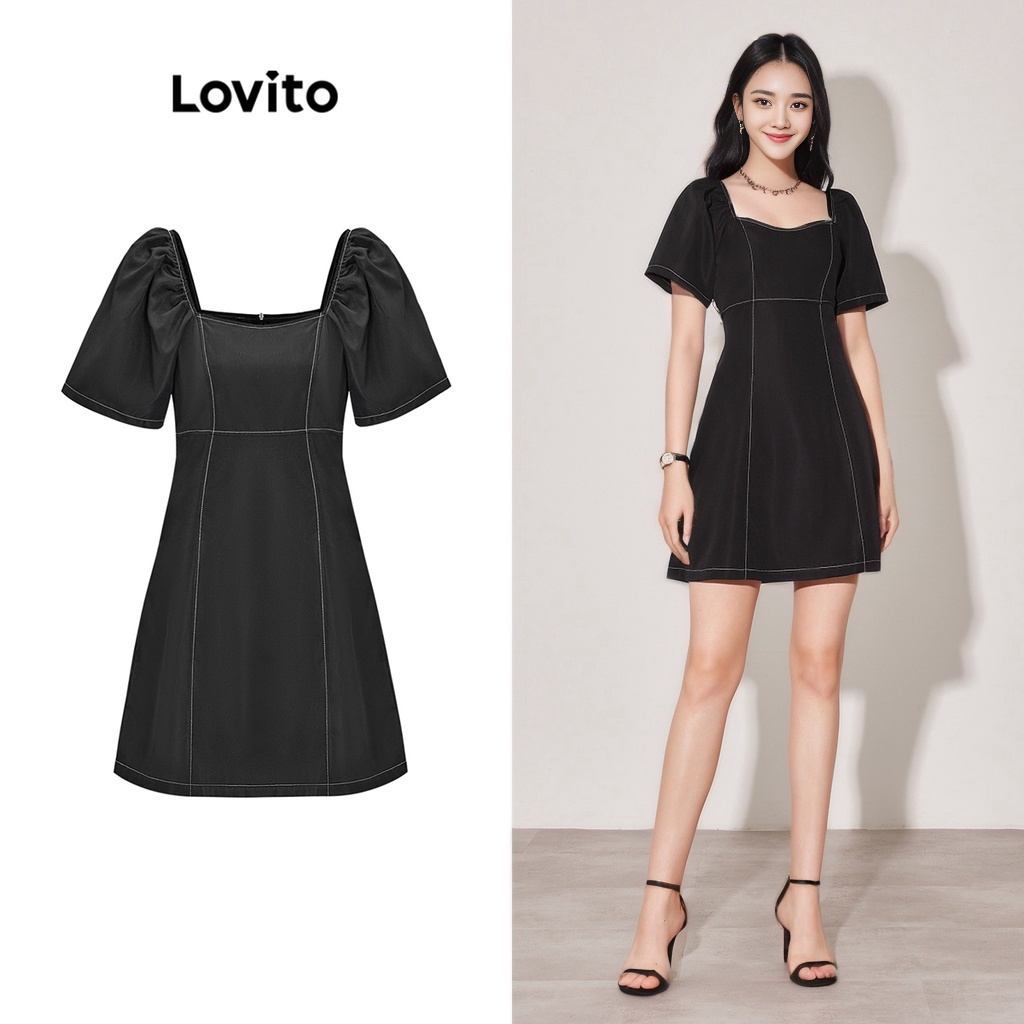 Đầm suông Lovito màu trơn viền tương phản tay phồng có khóa kéo lưng thời trang cho nữ L59ED103 (Đen)