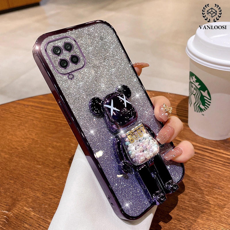 ốp lưng samsung a12 a22 m12 m22 Ốp Điện Thoại Mềm Mạ Điện Hình Gấu Lấp Lánh Có Giá Đỡ Xoay Chống Rơi