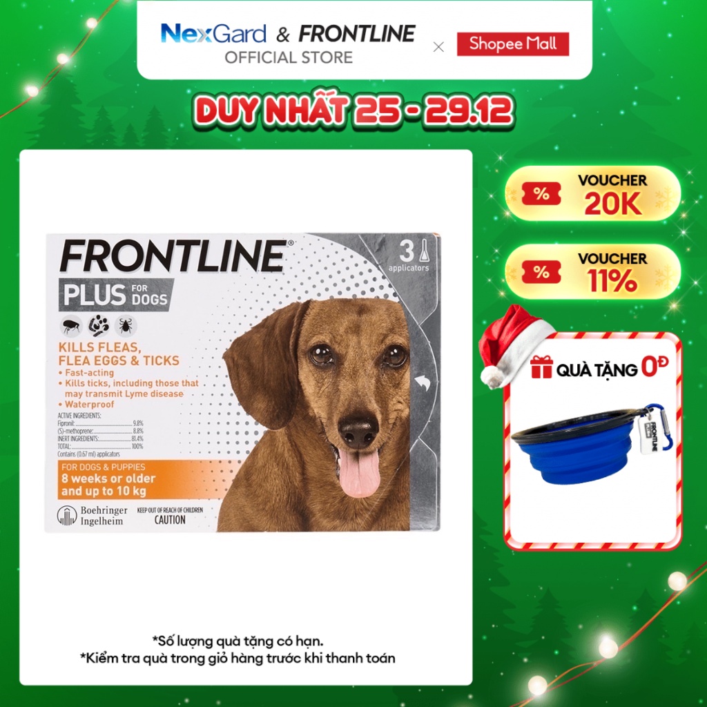 Frontline Plus - Tuýp nhỏ gáy phòng & trị ve, rận, bọ (trứng, ấu trùng, con trưởng thành) cho chó 2-10kg - 1 hộp 3 tuýp