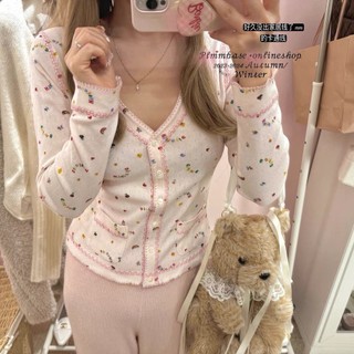 Áo Cardigan Cotton Nguyên Chất Cổ Tròn Tay Dài Dáng Ôm Họa Tiết Hoa Năm Mới