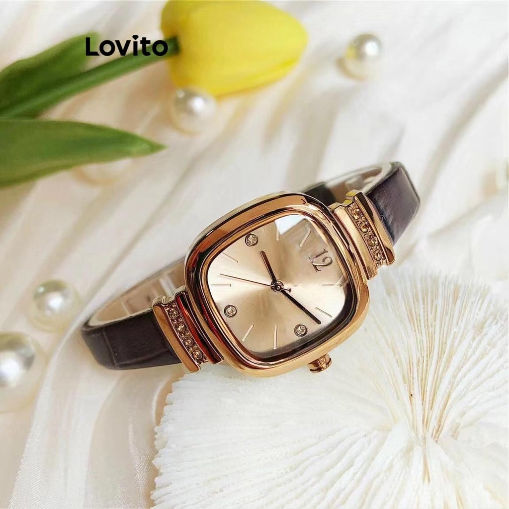 Lovito Đồng hồ đeo tay thạch anh retro bằng kim loại trơn cổ điển dành cho nữ LFA13839