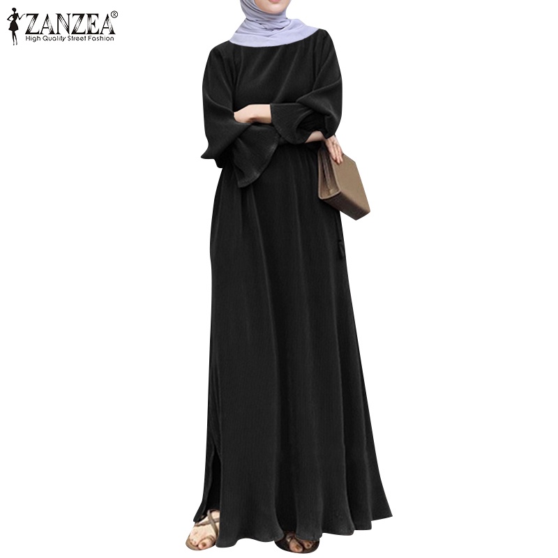 ZANZEA Đầm Nữ Tay Loe Cổ Tròn Xẻ Tà Màu Trơn Thời Trang Hàn Quốc