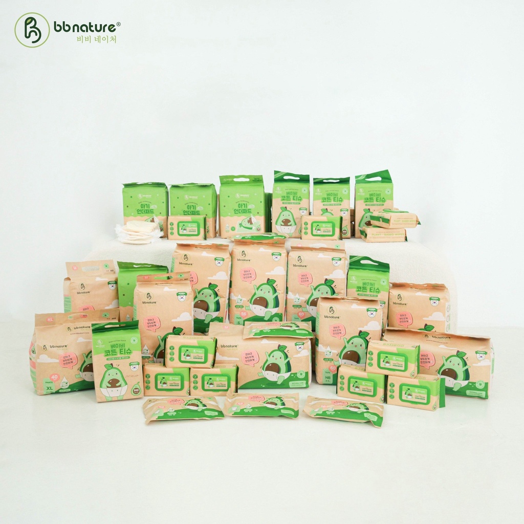 (TẶNG VALI) Bộ 3 bịch tã BB Nature bông hữu cơ NB60, S56, M52 quần M48, L44, XL40, XXL38
