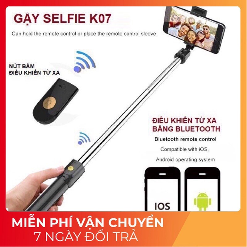 Gậy chụp ảnh tự sướng kèm giá đỡ 3 chân K07 điều chỉnh độ dài ngắn, có bluetooth kèm nút điều khiển (Hàng Nội Địa TQ)