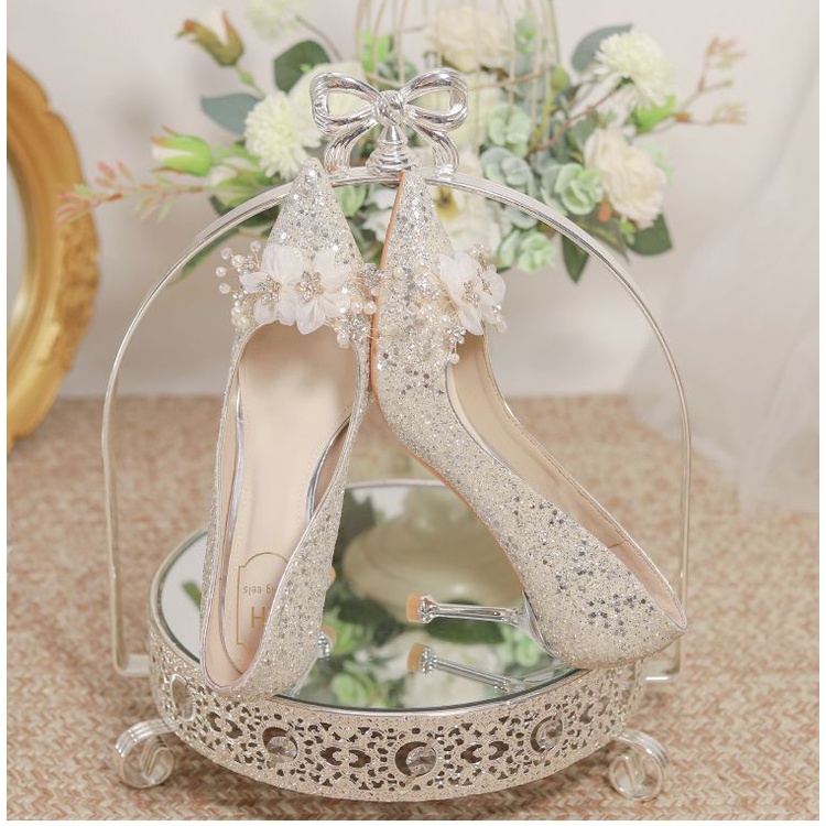 Giày Cao Gót Màu Bạc Lấp Lánh Thời Trang Mới 2023 Cho Cô Dâu