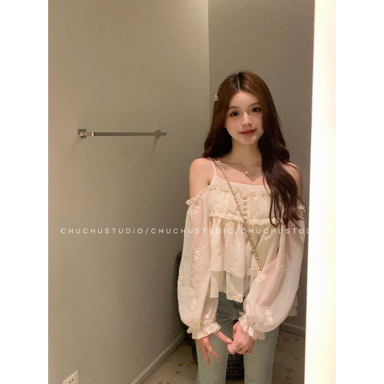 Áo Kiểu Tay Dài Phồng Hở Vai Thêu Họa Tiết Thời Trang Hàn Quốc Dành Cho Nữ