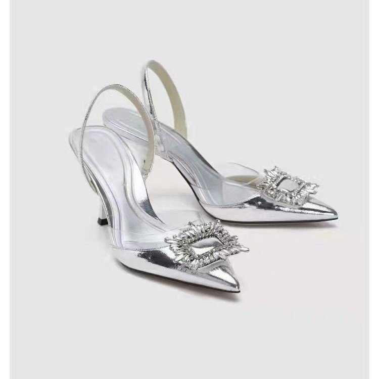 Giày Cao Gót Mũi Vuông Đính Đá Phối Khóa Gài Sau Lưng Thời Trang Sang Trọng Cho Nữ