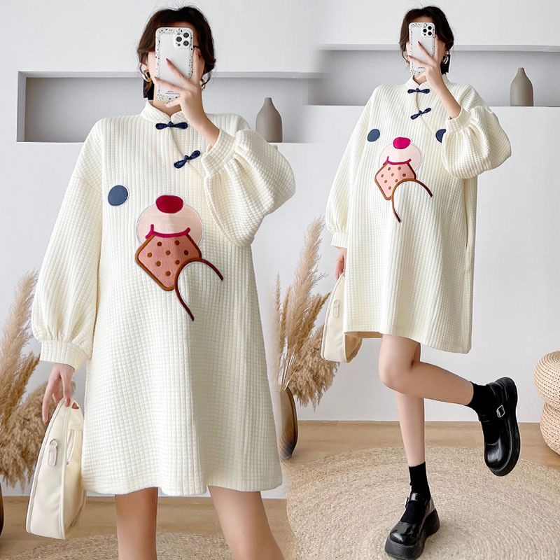 Sườn Xám Dáng Rộng In Hoạt Hình Thời Trang Xuân Thu Cho Mẹ Bầu