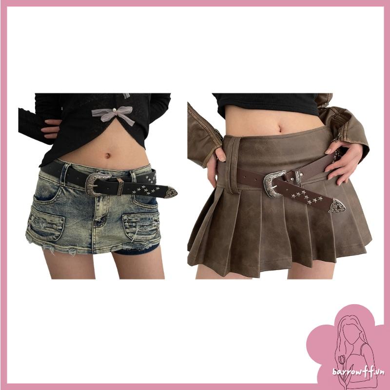 Brroa Thắt Lưng Da pu Khóa Chạm Khắc Hoa Phong Cách harajuku vintage