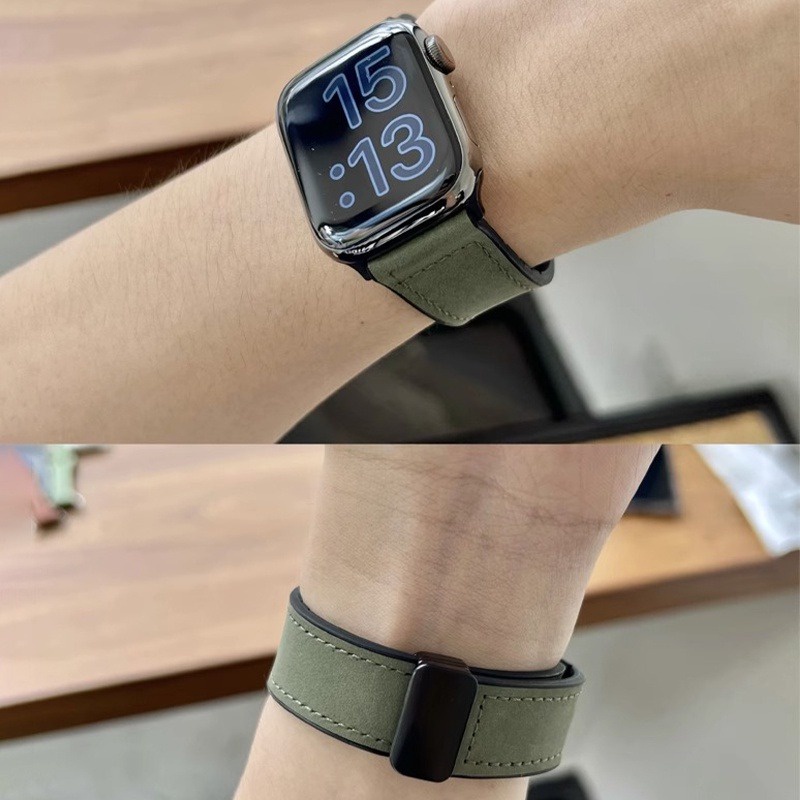 Dây Đeo Bằng Da Có Khóa Nam Châm Cho Đồng Hồ Thông Minh iwatch 49mm 9 8 7 45mm 41mm series 6 5 4 44mm 40mm