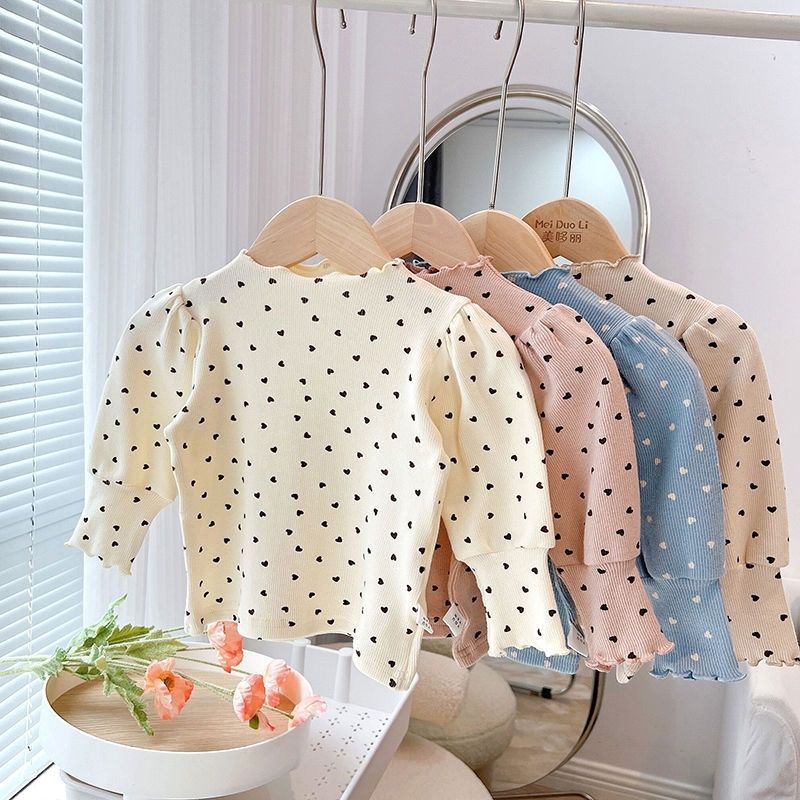 Áo Thun cotton Tay Phồng Dài Cổ Cao In Họa Tiết Trái Tim Thời Trang Xuân Thu Cho Bé Gái 3-7 Tuổi