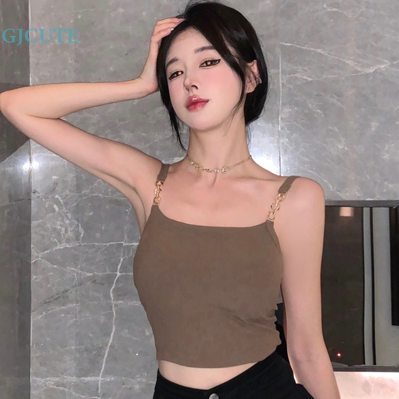 Gjcute Áo Hai Dây Mỏng Mùa Hè Có Đệm Ngực Màu Trơn Phối Dây Xích hottie Cho Nữ wtd