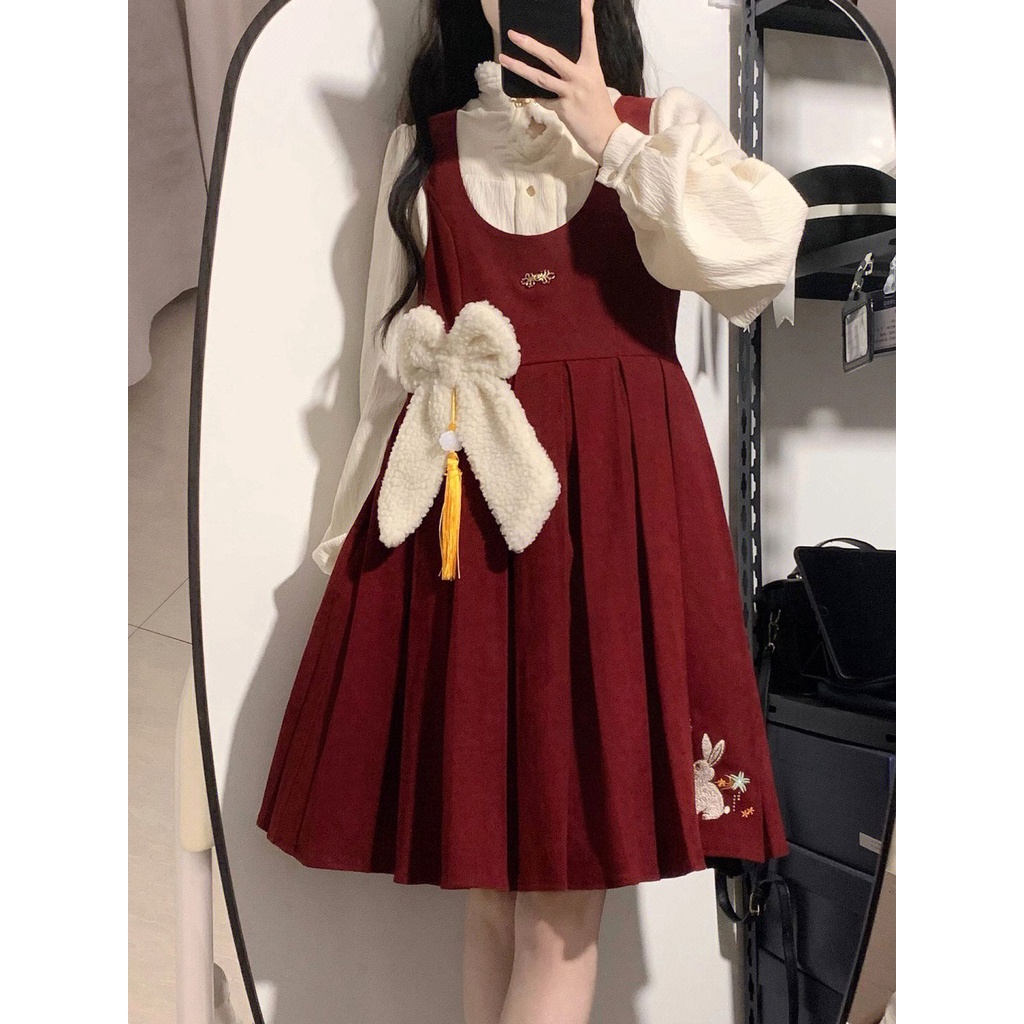 Set Áo Sơ Mi Tay Dài + Đầm Yếm Thêu Hình Thỏ Phong Cách Ngọt Ngào Cho Nữ