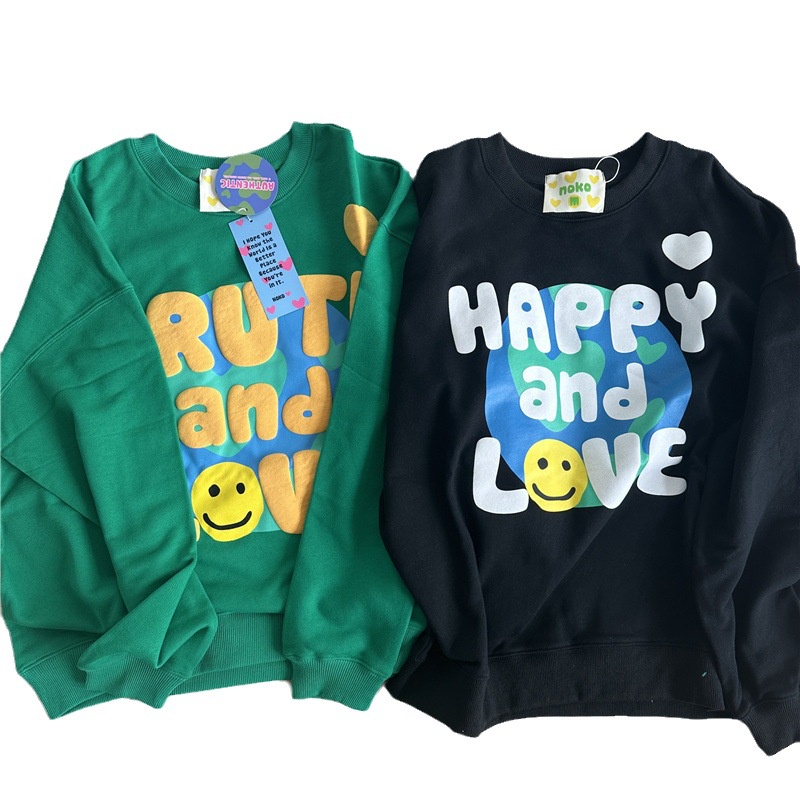 AZQR spot Korean style niche fashion NOKO smiley face foam letter printing round neck men's and women's autumn Terry sweater