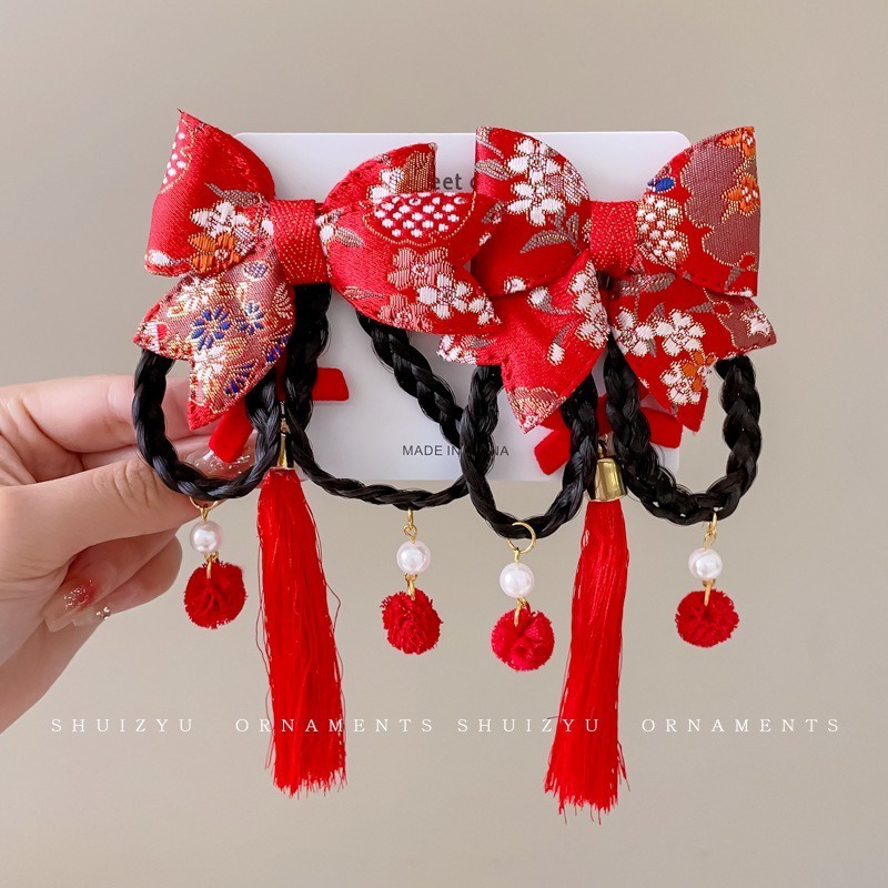Set 2 Kẹp Tóc Đính Nơ Giả Phong Cách Trung Hoa Mừng Năm Mới Cho Bé Gái