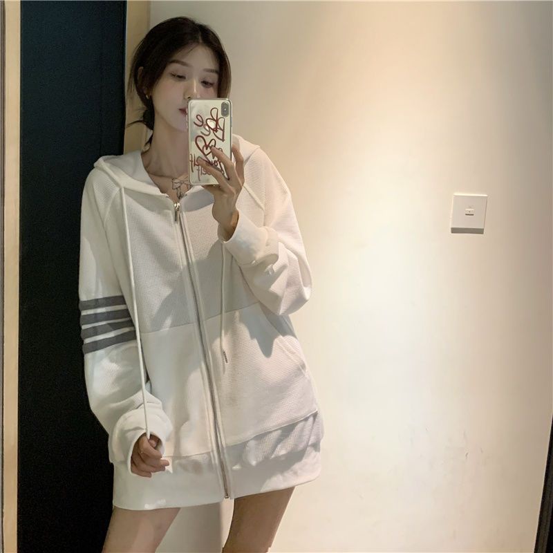 Áo Khoác Hoodie Mỏng Dáng Rộng Màu Xám Có Khóa Kéo Phong Cách Hàn Quốc Thời Trang Xuân Thu Hàng Mới 2022