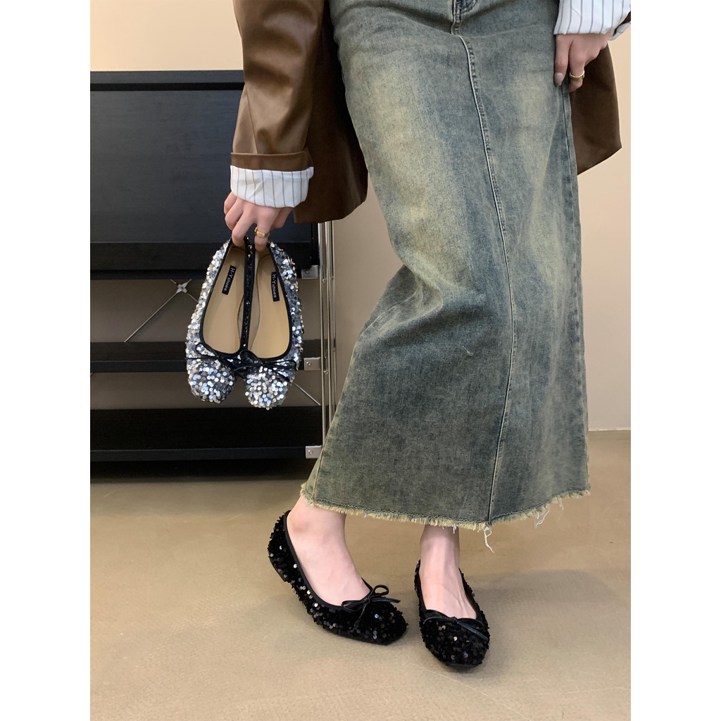 Giày Búp Bê mary jane Đế Bằng Đính Kim Sa Lấp Lánh Phong Cách retro Pháp Cho Nữ