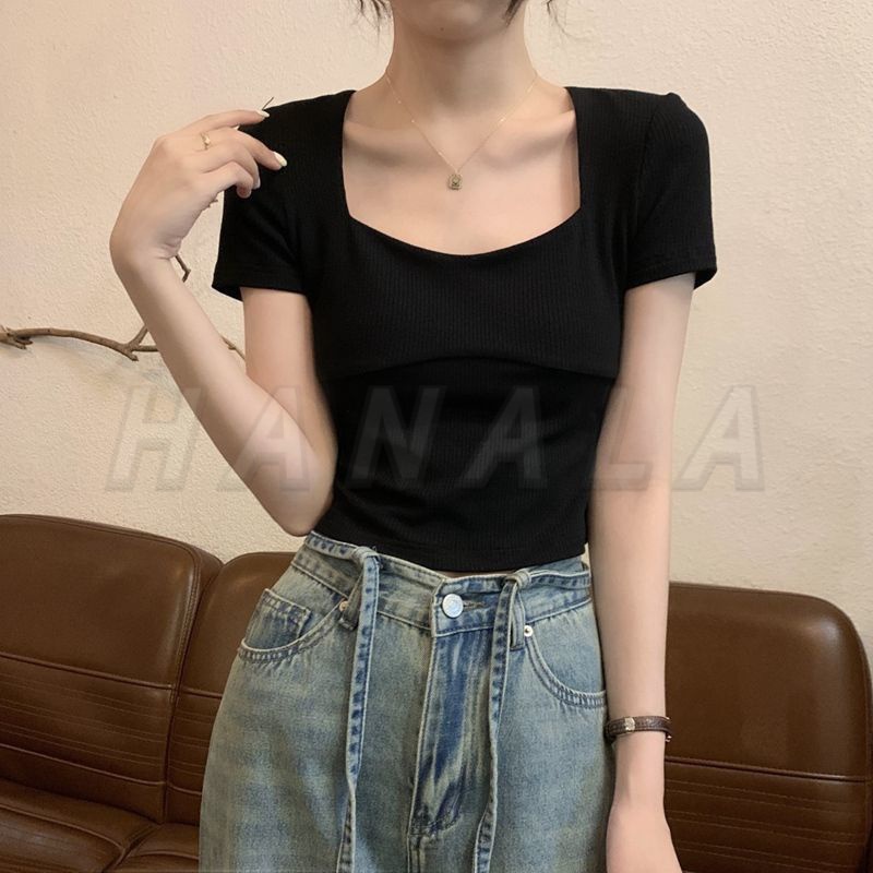 Áo Thun Crop Top Tay Ngắn Cổ Vuông Màu Trơn Thời Trang Mùa Hè Hàng Mới Dành Cho Bạn Nữ
