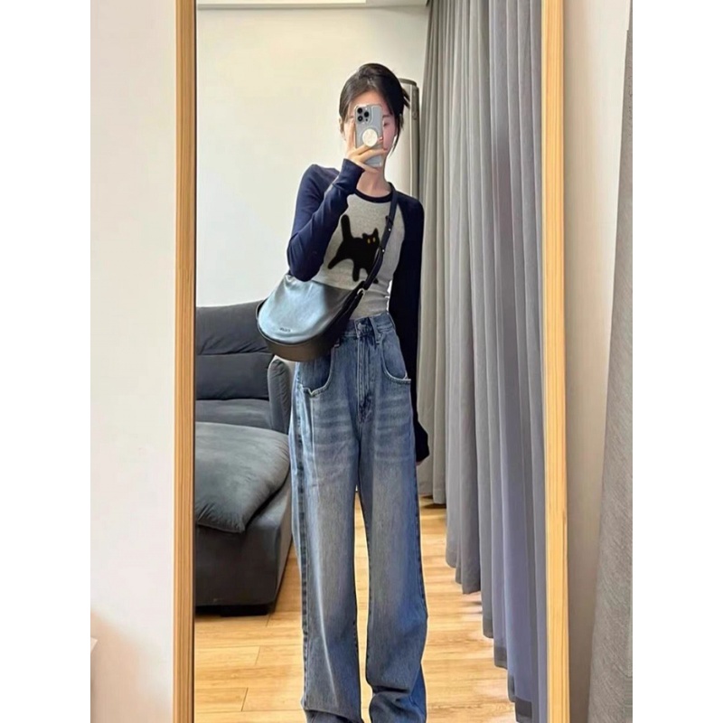 Áo baby tee  Áo Thun Tay Dài Áo croptop tay dài Hở Vai Màu Sắc Tương Phản Phong Cách retro Mỹ Thời Trang Mùa Thu Cho Nữ