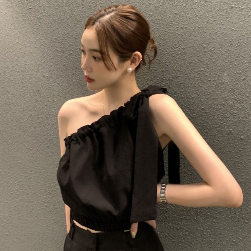 Áo sơ mi，áo sơ mi trắng，áo sơ mi kiểu，áo xinh，áo kiểu trễ vai，áo rớt vai，Áo Lửng Hai Dây Xếp Ly Phong Cách Pháp Thời Trang Mùa Hè Cho Nữ，áo sơ mi nữ đen