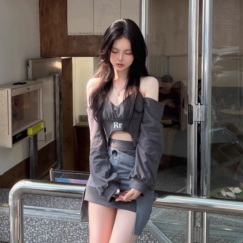 Set Áo Tay Dài Trễ Vai + Chân Váy Không Đối Xứng Thời Trang Mùa Thu 2022 Cho Nữ