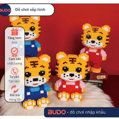 Xếp hình lego con vật hổ dễ thương áo yếm xanh đỏ cỡ lớn size to 31cm đồ chơi xếp hình nano 3d cho bé chuẩn mẫu