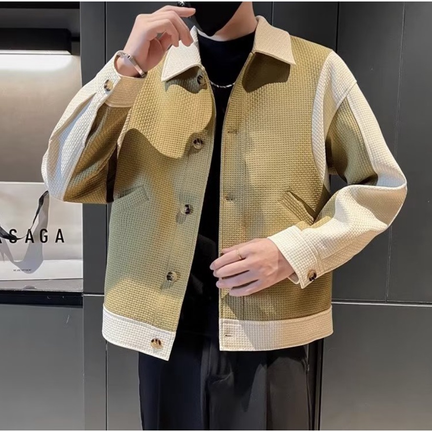 Áo khoác nam da pu cổ bẻ phối màu tương phản thời trang xuân thu chất lượng cao cho nam màu sắc Đen trắng tương thoải mái  màu sắc Đơn giản Áo khoác tay dài dáng rộng