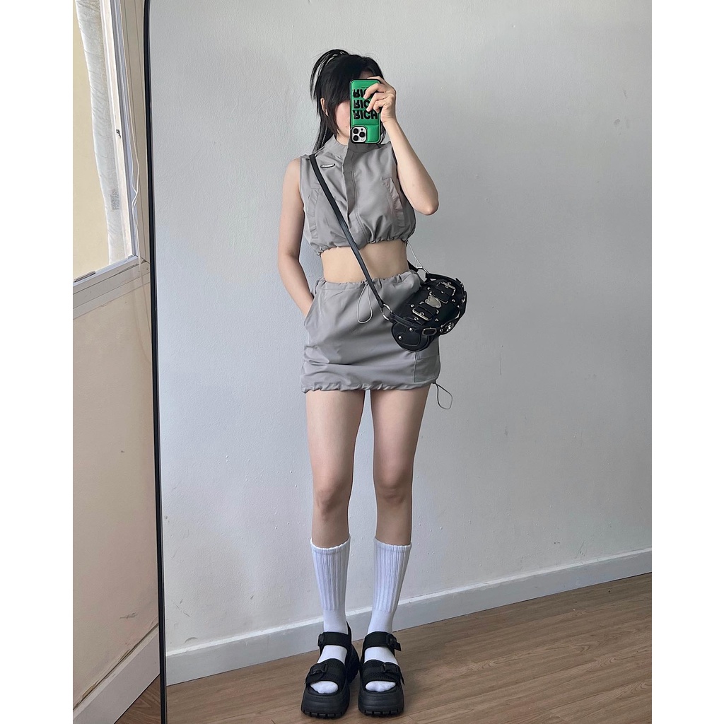 SET váy áo sát nách dù XÁM thắt dây