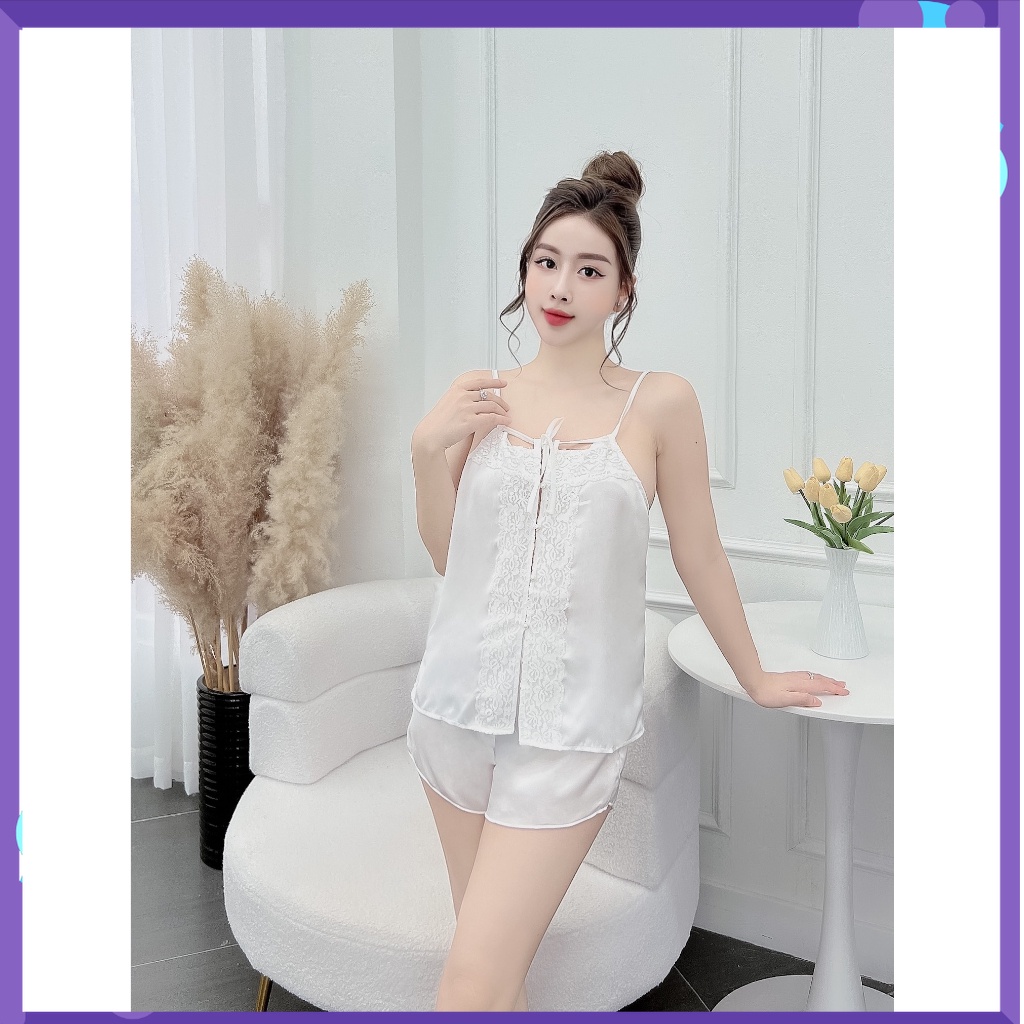 đồ bộ ngủ nữ mặc nhà 2 dây vải satin - cn129