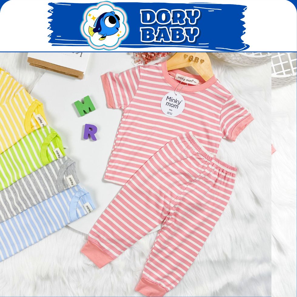 Bộ Tay Ngắn Quần Dài VẢI Sọc Dệt Minky Mom Chính Hãng Bé TRAI-GÁI B2-TNQD-25