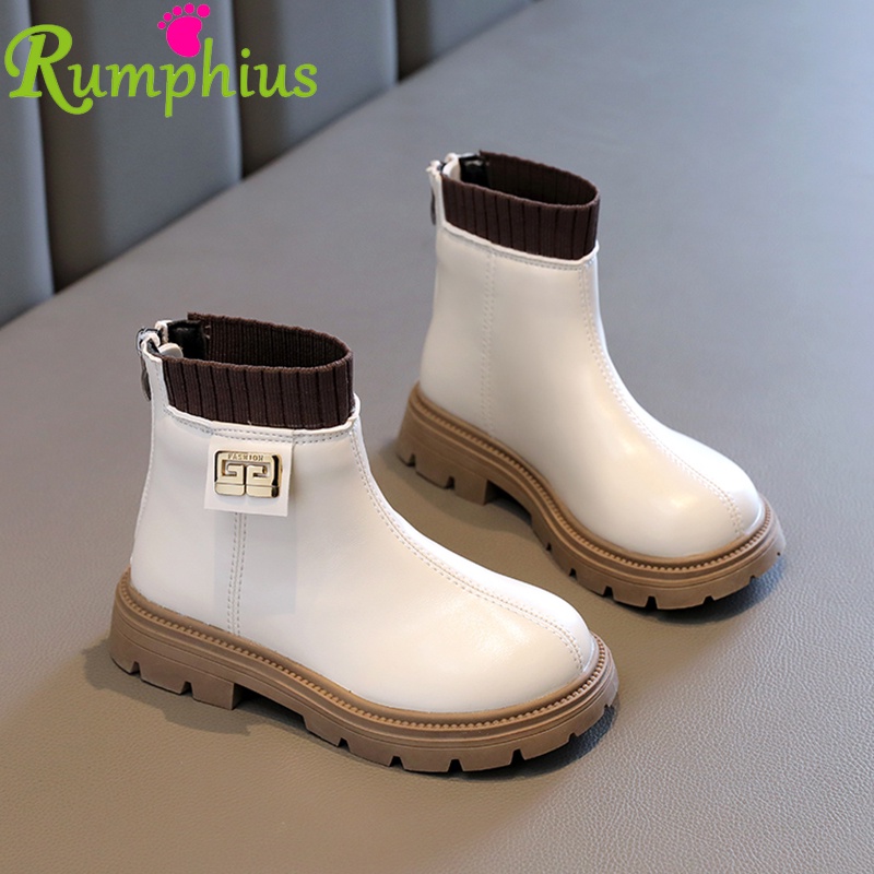 Rumphius Giày Bốt martin Bằng Da Cao Cấp Đế Mềm Màu Trơn Có Khóa Kéo size 27-36 Cho Bé Gái
