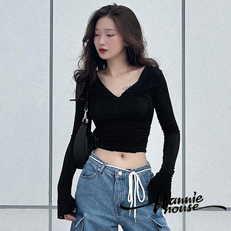 Hannie-áo crop Top Dài Tay Xếp Nếp Màu Trơn Cho Nữ
