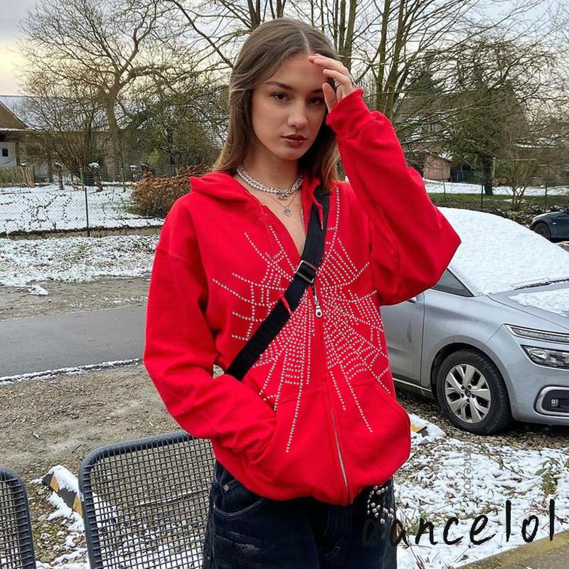 Áo Hoodie Tay Dài Có Khóa Kéo In Hình Nhện Đính Đá 1O1 Thời Trang Cho Nữ