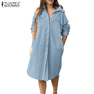 Zanzea Đầm Dài Tay Cổ Bẻ Form Rộng Phong Cách Hàn Quốc Dành Cho Nữ