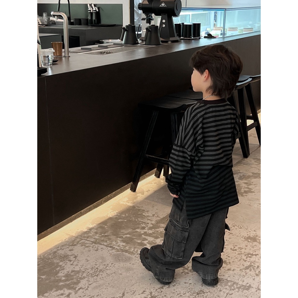 Áo thun dài tay cho bé trai AB784 size 90-140 sọc ngang tông đen xám, thời trang trẻ em thu đông 2023