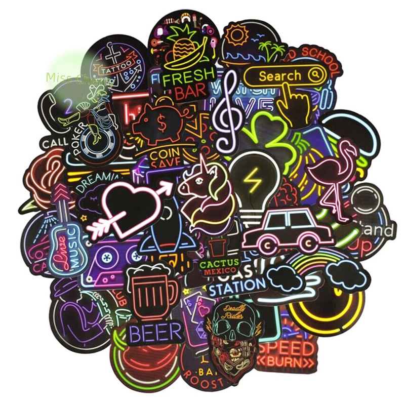 Set 50 Miếng Dán Màu neon Dễ Thương heyuanlong444 Cho Vali laptop guitar