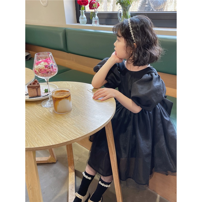 Đầm Công Chúa Tay Phồng Hở Lưng Màu Đen Phong Cách Hàn Quốc Thanh Lịch Thời Trang Cho Bé Gái