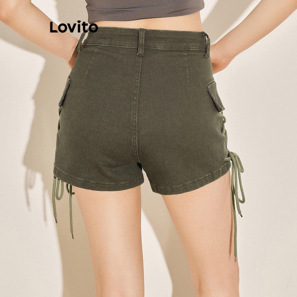 Quần short denim Lovito buộc dây màu trơn thường ngày cho nữ L61AD131 (Màu xanh lá quân đội)