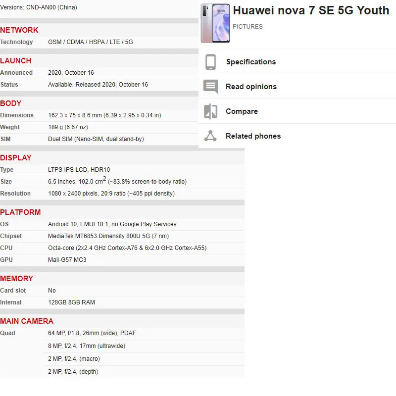 Khung Giữa Màn Hình lcd 6.5 "Cho huawei nova 7 se 7se 2020 5g youth cnd-an00