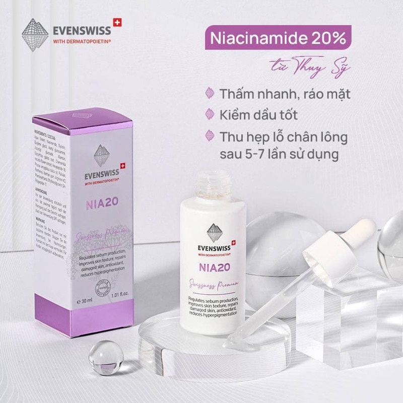 Serum Evenswiss NIA20 Niacinamide 20% Nia B3 thu nhỏ lỗ chân lông điều tiết bã nhờn 30ml