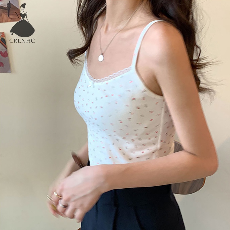CRLNHC Áo Hai Dây Phối Ren Hoa Ngọt Ngào Thời Trang Mùa Hè Cho Nữ