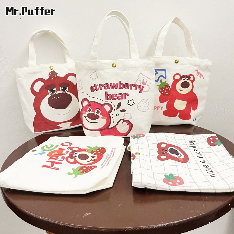 Túi mua sắm MR PUFFER vải canvas mini cầm tay đa năng thân thiện với môi trường họa tiết gấu dâu dễ thương