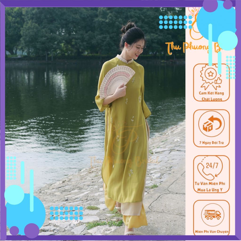 Áo Dài Cách Tân nữ truyền thống  Yên Chi thêu hoa lụa 4 tà may sẵn cao cấp giá xưởng