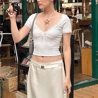 Áo croptop DUNEA tay ngắn cổ chữ V phối ren thời trang quyến rũ cho nữ