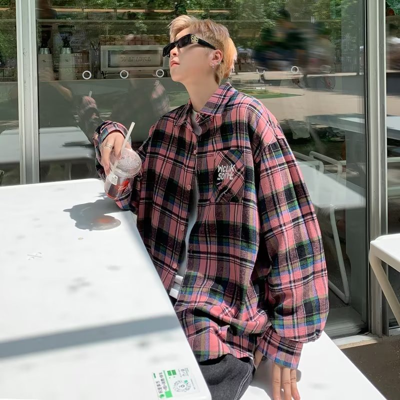 Áo Sơ Mi Caro Form Rộng Thời Trang Cho Nam Áo Sơ Mi Kẻ Sọc Nam Áo Sơ Mi Nam Dài Tay Áo Phối Túi Ngực Thời Trang Phong Cách Cặp Đôi