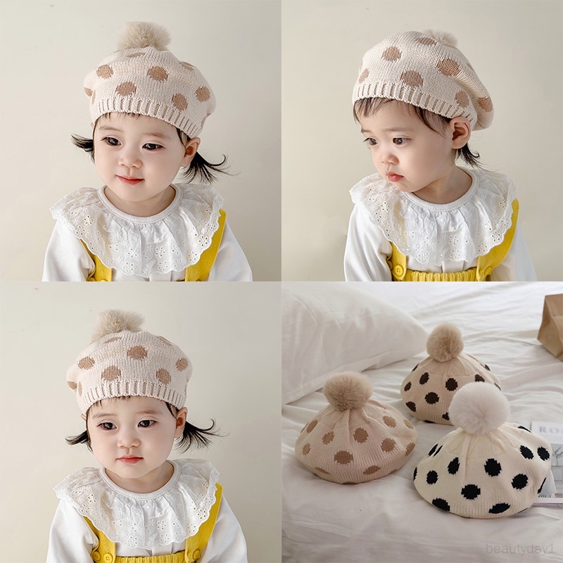 Mũ Nồi Dệt Kim Co Giãn Đính Quả Bông Dễ Thương Cho Bé Gái