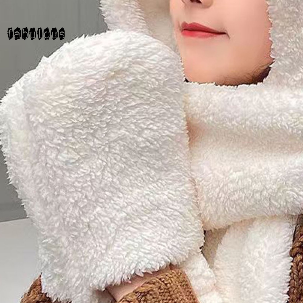 Fab set Mũ Trùm Đầu + Găng Tay + Khăn Choàng 3 Trong 1 Bằng Vải Bông Giữ Ấm Tai Gấu Co Giãn Thời Trang Mùa Đông Cho Nữ