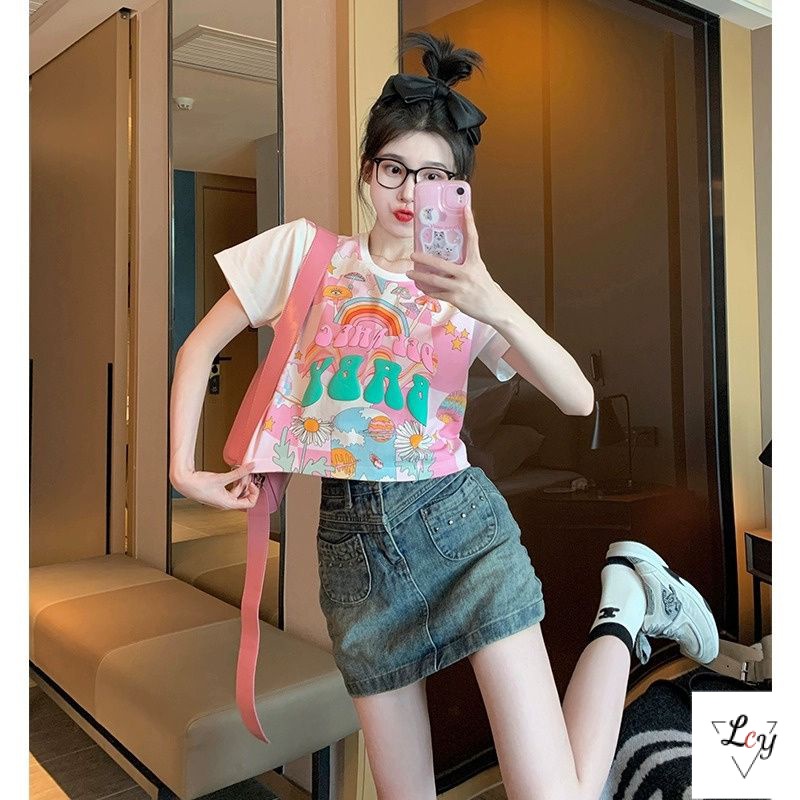 Áo Thun cotton Ngắn Tay Cỡ Lớn In Họa Tiết Hoạt Hình Thời Trang Cho Nữ