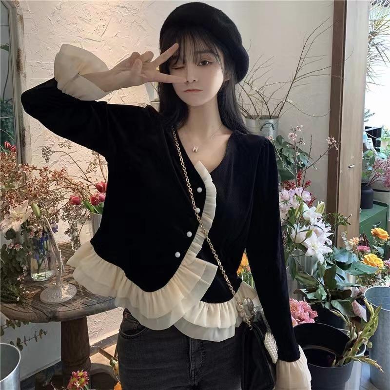 Áo Sơ Mi Nhung Phối Ren Bèo Phong Cách vintage