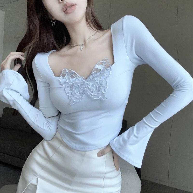 Áo Thun Tay Dài Loe Cổ Vuông 79 House Thiết Kế Mỏng Mùa Xuân Thu Phong Cách Mới Dành Cho Nữ